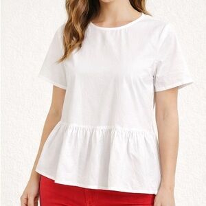 Zara Women White Short Sleeve Peplum Cotton Blouse Minimalist Size S Casual